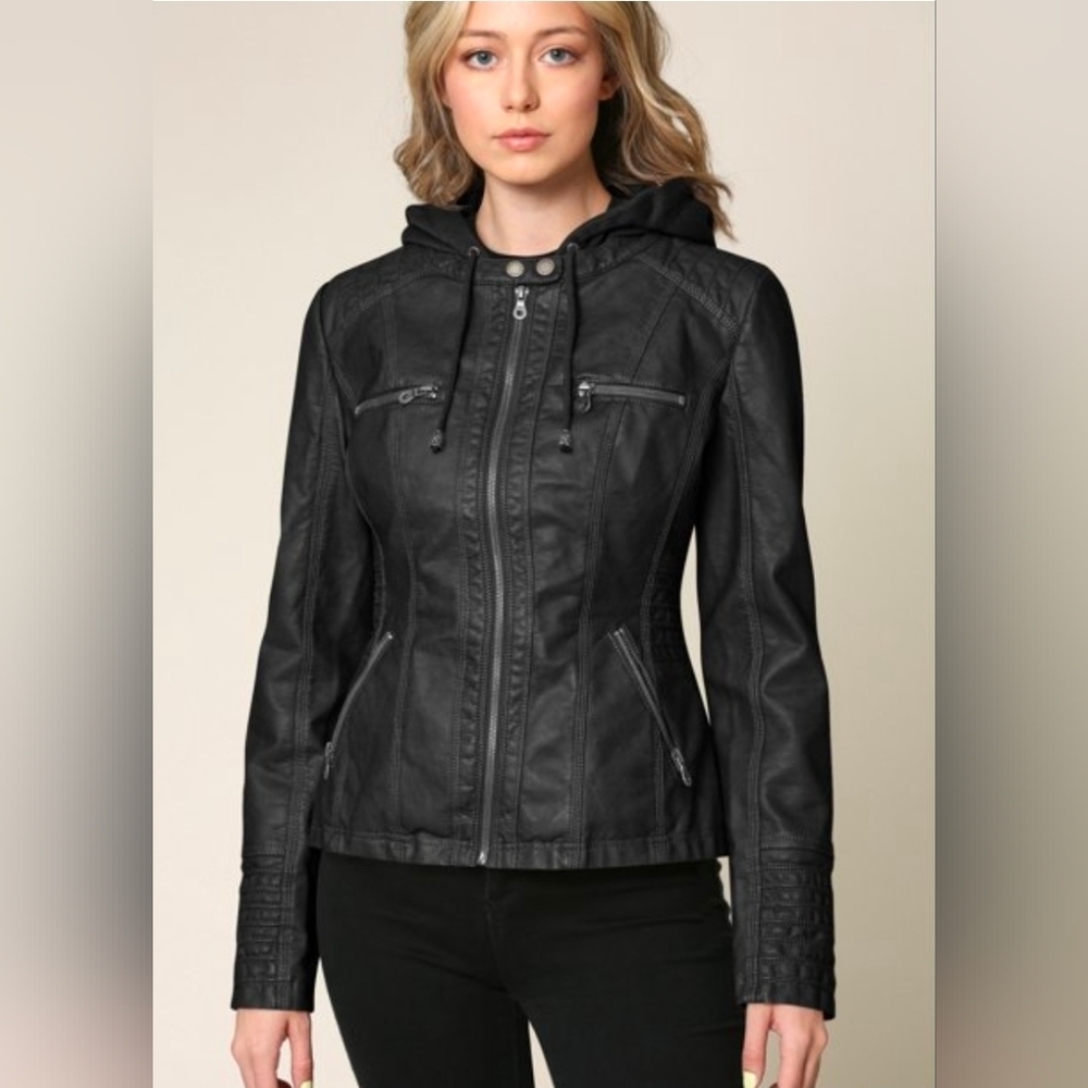 Made By Johnny Faux Leather Moto Jacket Removable Hood Insert - Picture 2 of 7